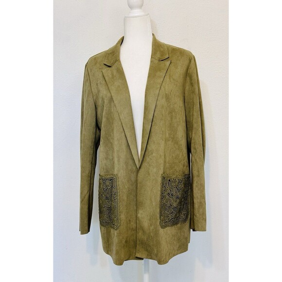 Anthropologie Solitaire Women Size M Green Faux Suede Open Front Blazer Boho - Picture 1 of 12